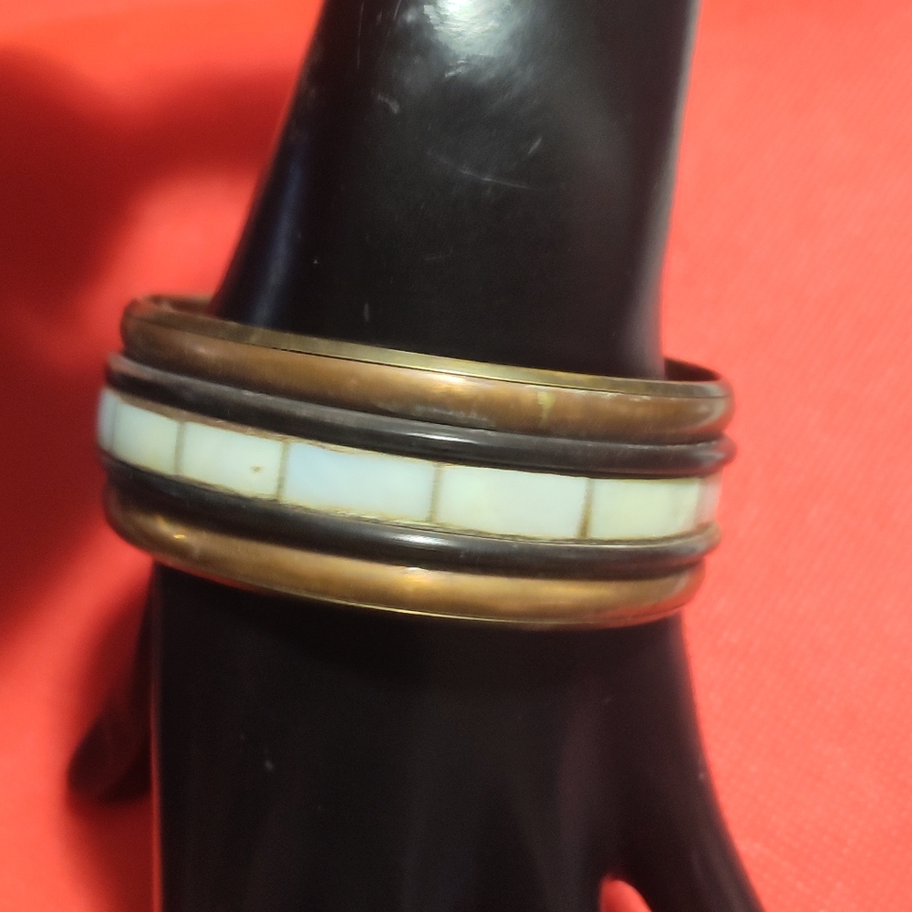 1960s Vintage Brass Bangle Bracelet With Mother Of Pearl Panel
